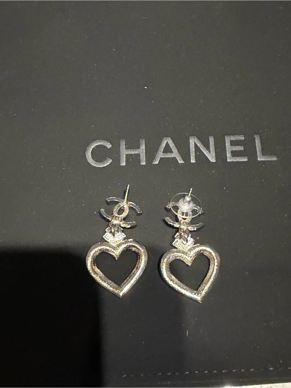 CHANEL Silver-Tone Crystal CC & Red Heart Drop Earrings